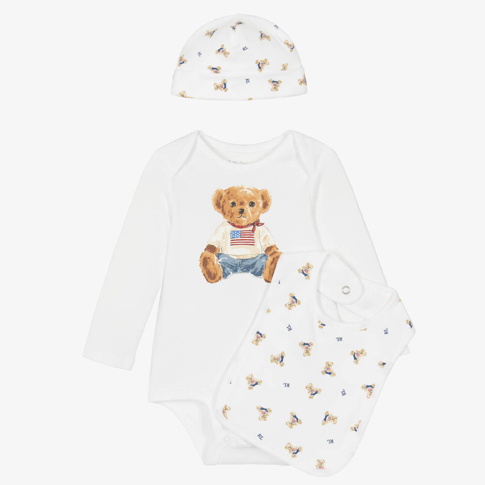 Ralph Lauren-White Cotton Babysuit Set with Blue Polo Bear | Childrensalon