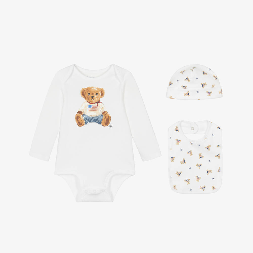 Ralph Lauren-White Cotton Babysuit Set with Blue Polo Bear | Childrensalon