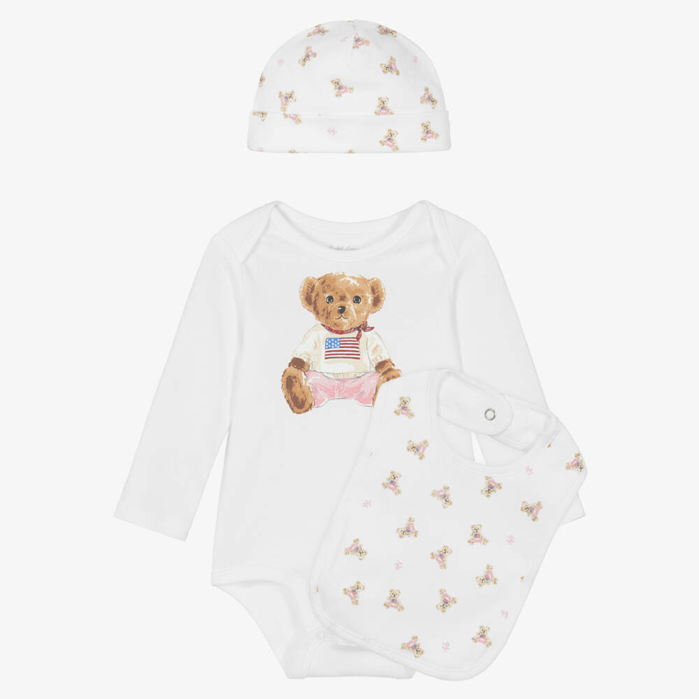 Ralph Lauren-White Cotton Babysuit Set with Pink Polo Bear | Childrensalon
