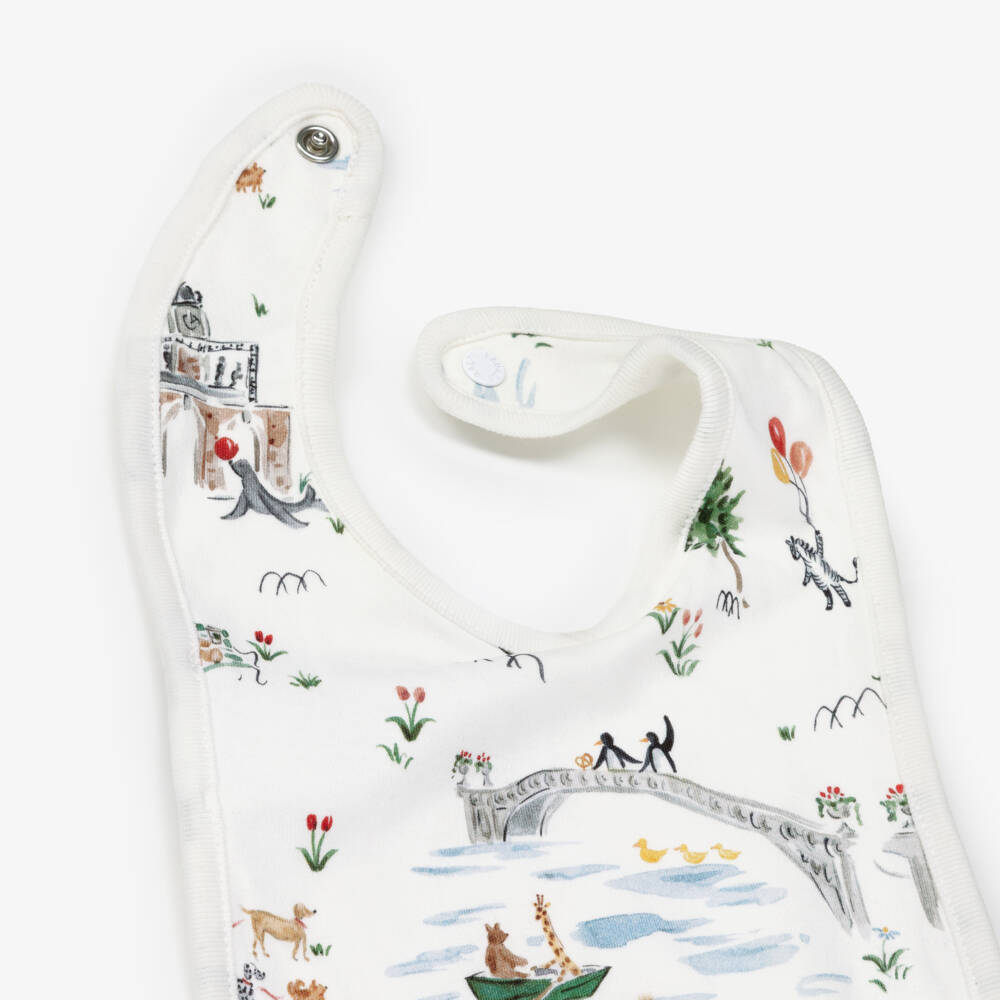 Ralph Lauren-White Cotton Bib with New York Central Park Zoo Print | Childrensalon