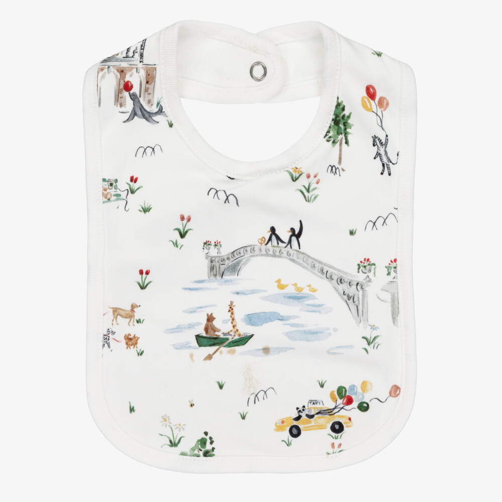 Ralph Lauren-White Cotton Bib with New York Central Park Zoo Print | Childrensalon