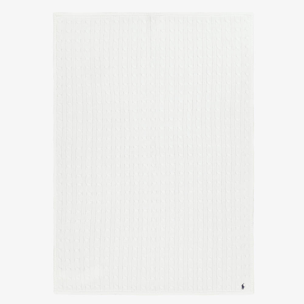 Ralph Lauren-White Cotton Cable Knit Pony Logo Blanket (106cm) | Childrensalon