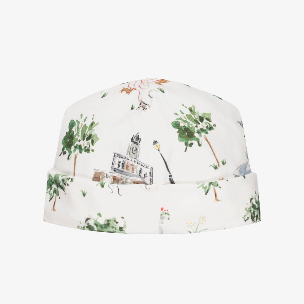 Ralph Lauren-White Cotton Hat with New York Central Park Zoo Print | Childrensalon