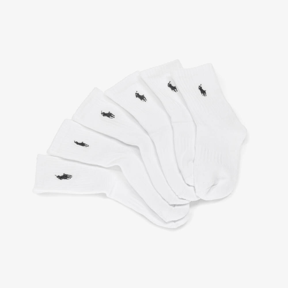 Ralph Lauren-White Cotton Performance Ankle Socks with Pony Logo (6 Pack) | Childrensalon