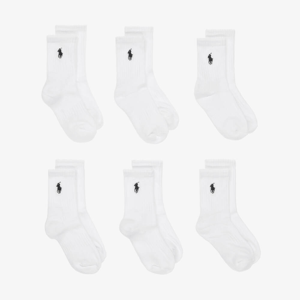 Ralph Lauren-White Cotton Performance Ankle Socks with Pony Logo (6 Pack) | Childrensalon