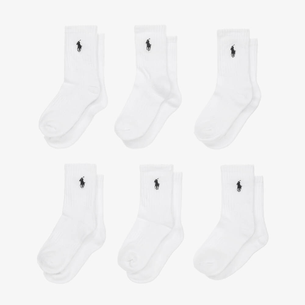 Ralph Lauren-White Cotton Performance Ankle Socks with Pony Logo (6 Pack) | Childrensalon