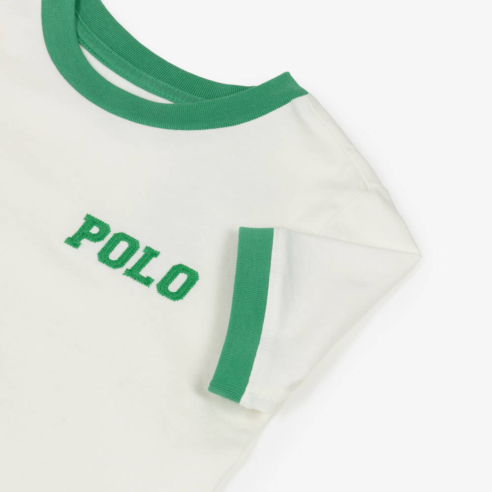 Ralph Lauren-White Cotton Ringer T-Shirt | Childrensalon
