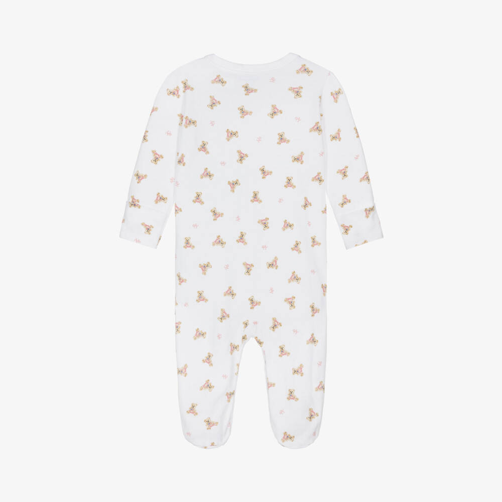 Ralph Lauren-White Cotton Teddy Bear Print Babygrow | Childrensalon