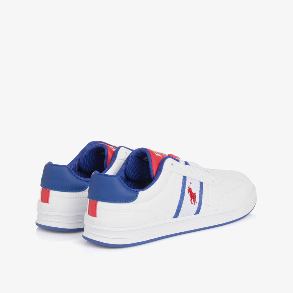 Ralph Lauren-White Faux Leather Trainers With Blue & Red Logo | Childrensalon