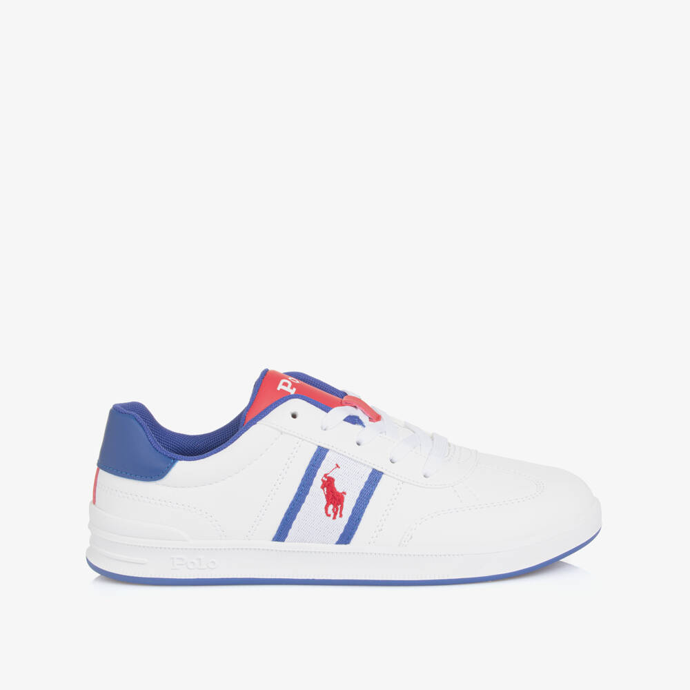 Ralph Lauren-White Faux Leather Trainers With Blue & Red Logo | Childrensalon