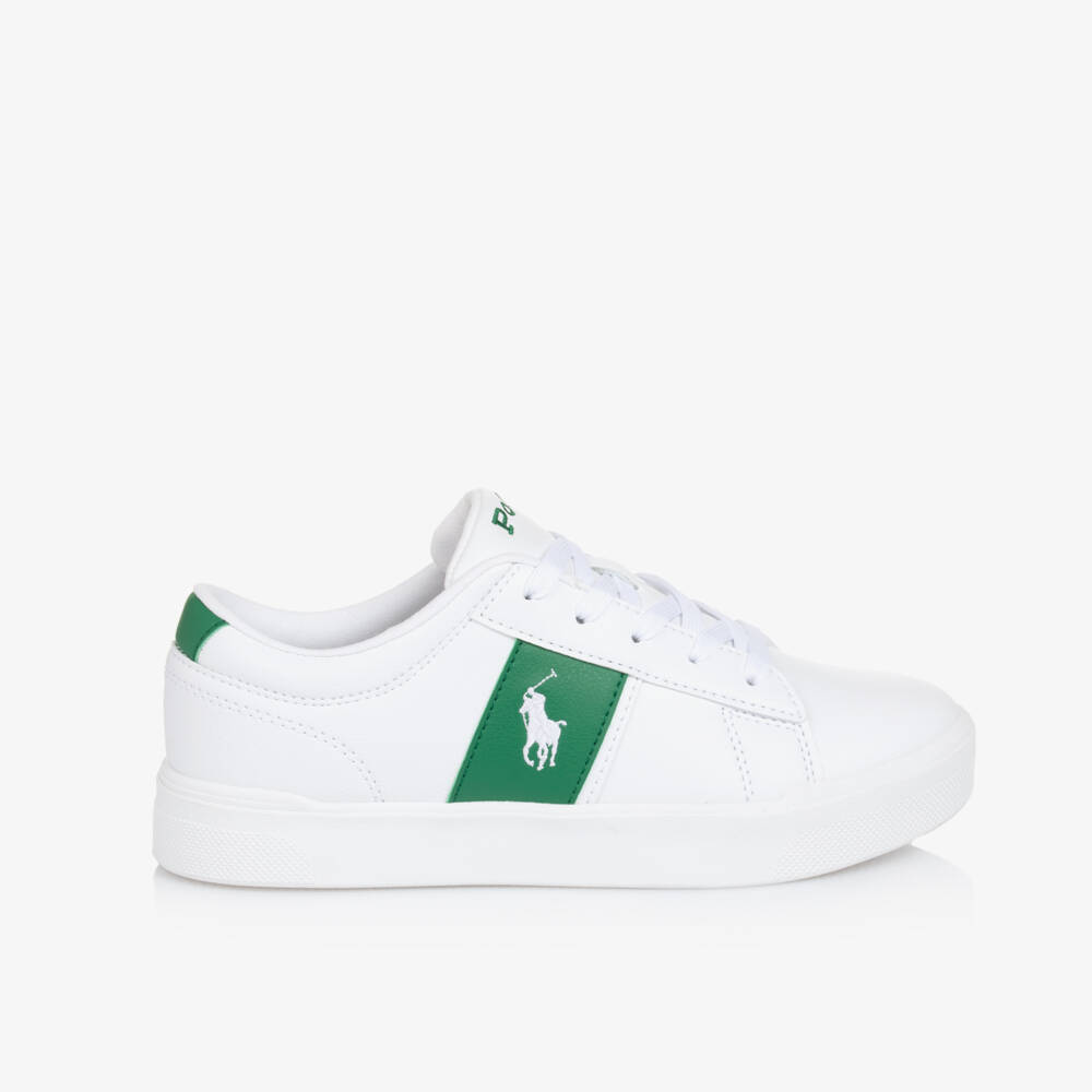 Ralph Lauren-White & Green Faux Leather Trainers | Childrensalon