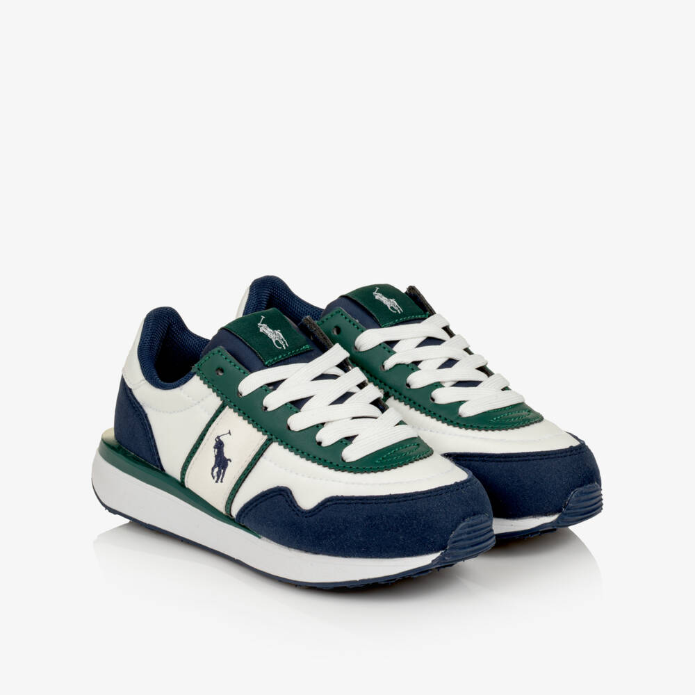 Ralph Lauren-White Lace-Up Trainers with Blue & Green Trims | Childrensalon