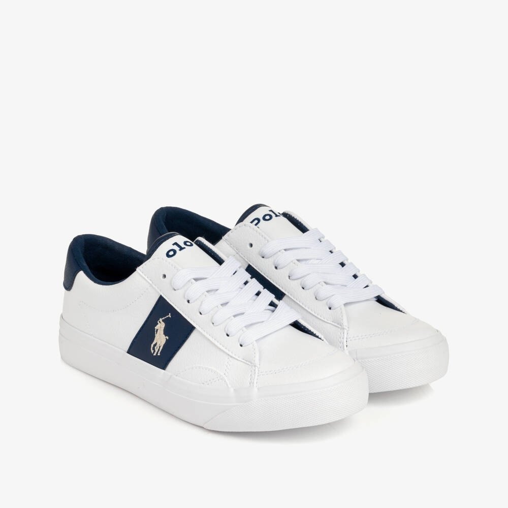 Ralph Lauren-White Lace-Up Trainers with Navy Blue Trims | Childrensalon