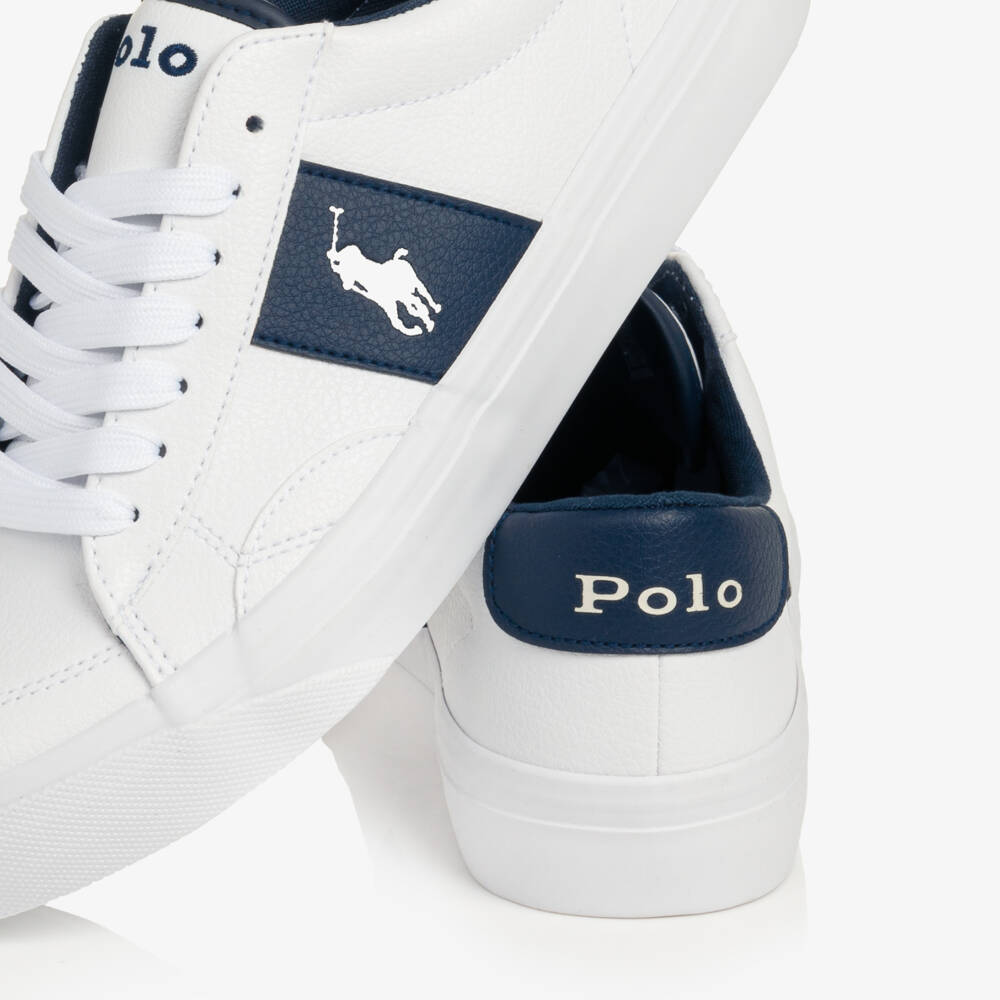 Ralph Lauren-White Lace-Up Trainers with Navy Blue Trims | Childrensalon