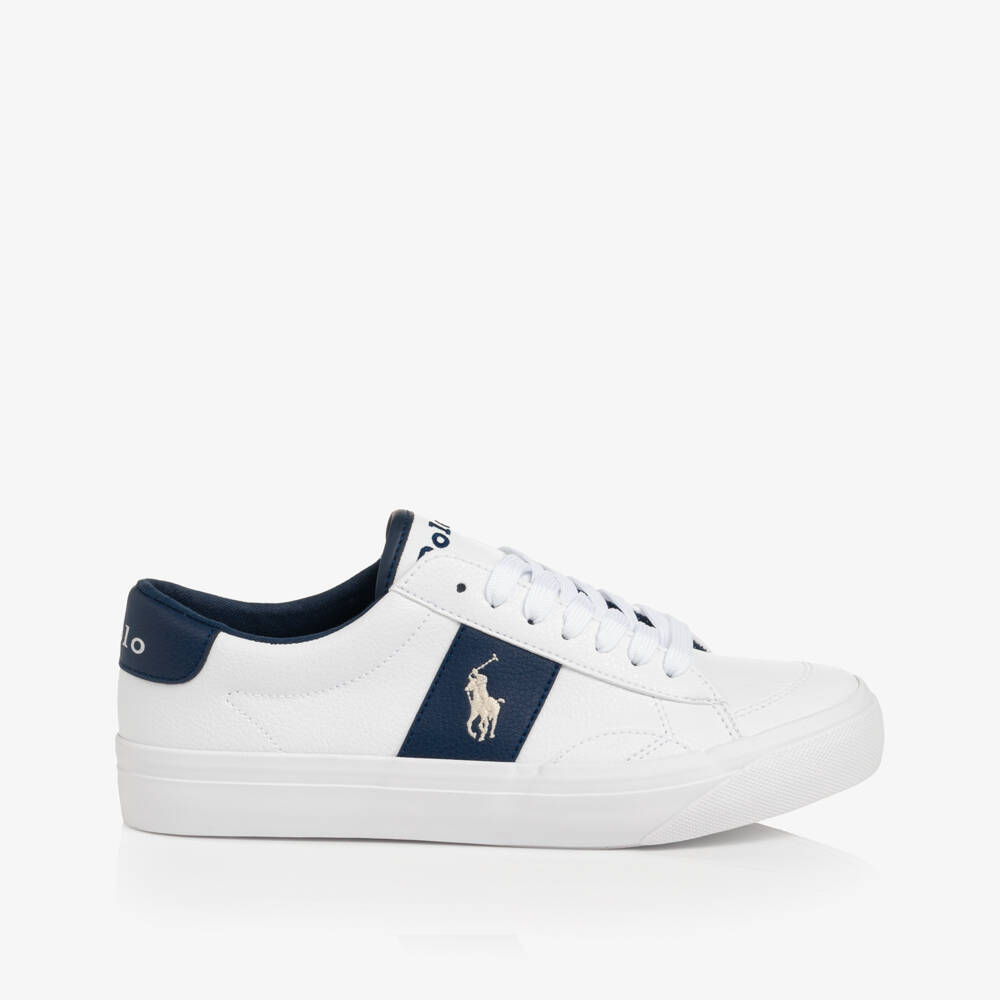 Ralph Lauren-White Lace-Up Trainers with Navy Blue Trims | Childrensalon