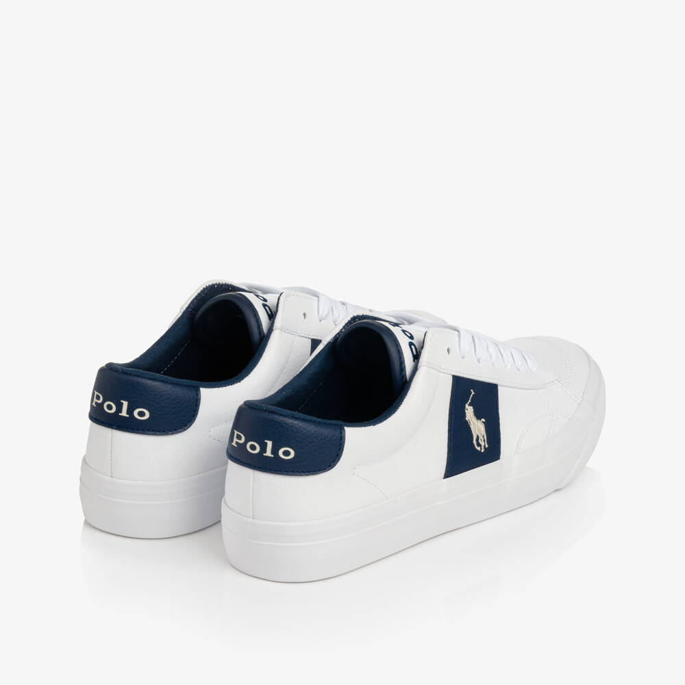 Ralph Lauren-White Lace-Up Trainers with Navy Blue Trims | Childrensalon