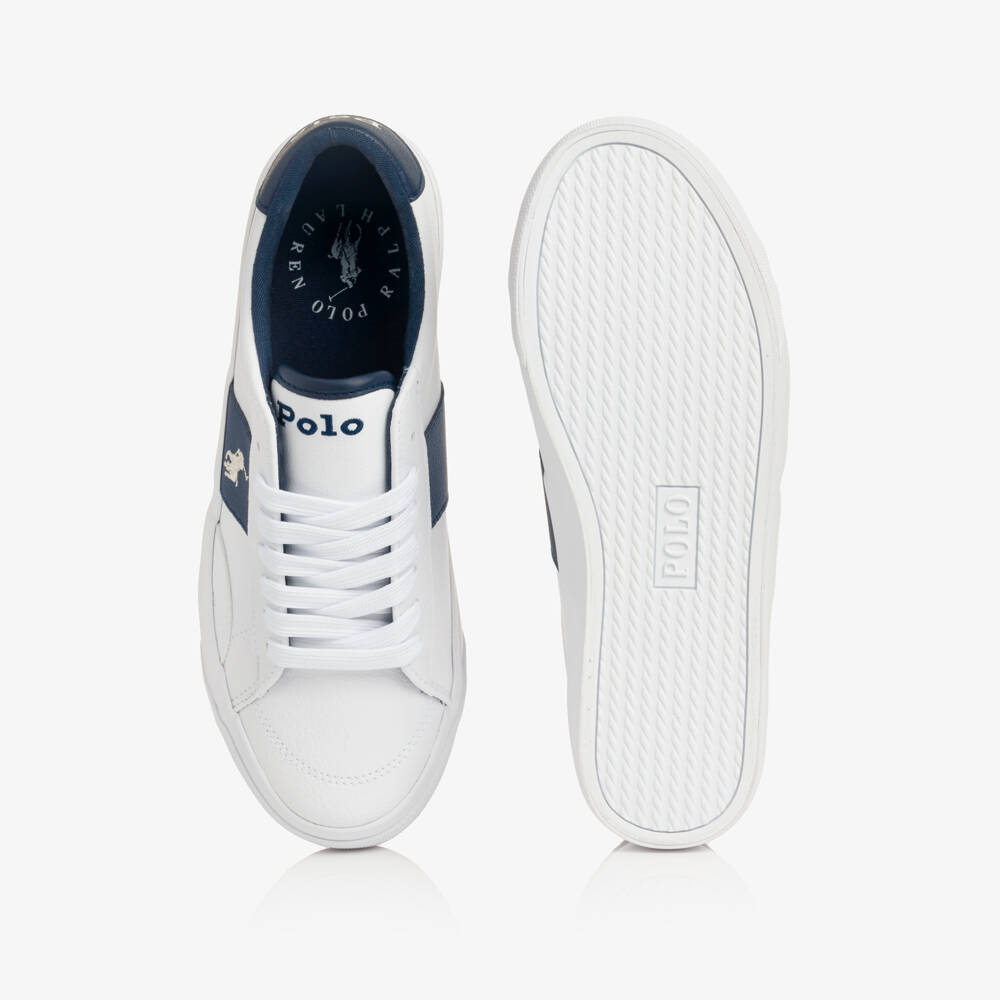 Ralph Lauren-White Lace-Up Trainers with Navy Blue Trims | Childrensalon