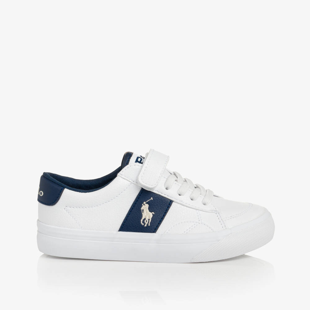 Ralph Lauren-White & Navy Blue Trainers with Elasticated Laces | Childrensalon