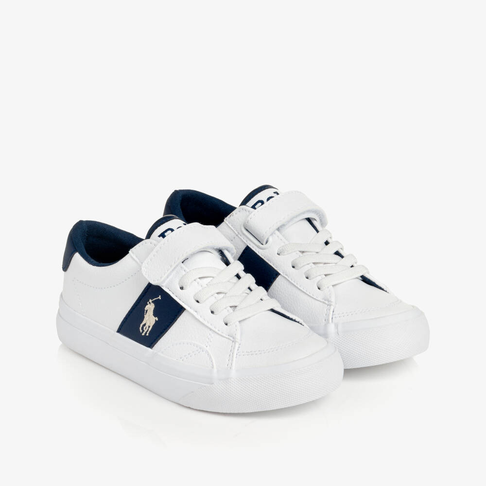 Ralph Lauren-White & Navy Blue Trainers with Elasticated Laces  | Childrensalon