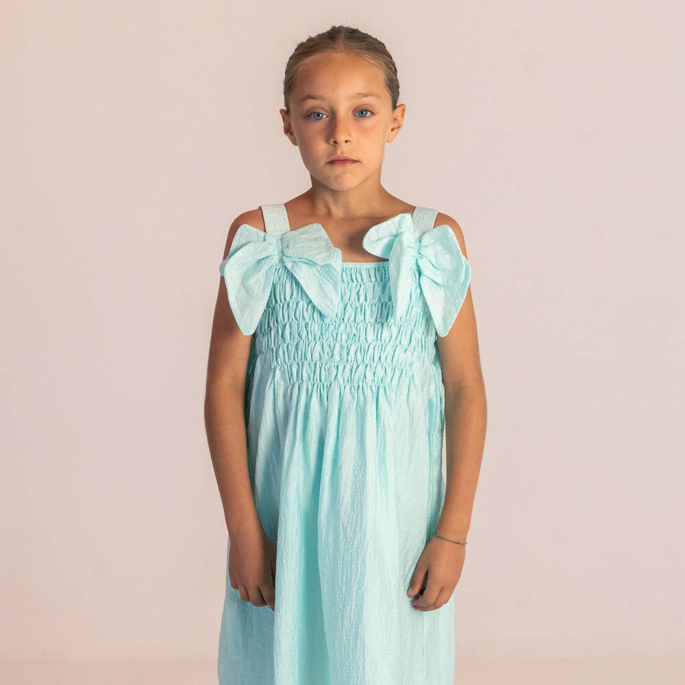 RaspberryPlum-Girls Aqua Blue Seersucker Dress with Bows | Childrensalon