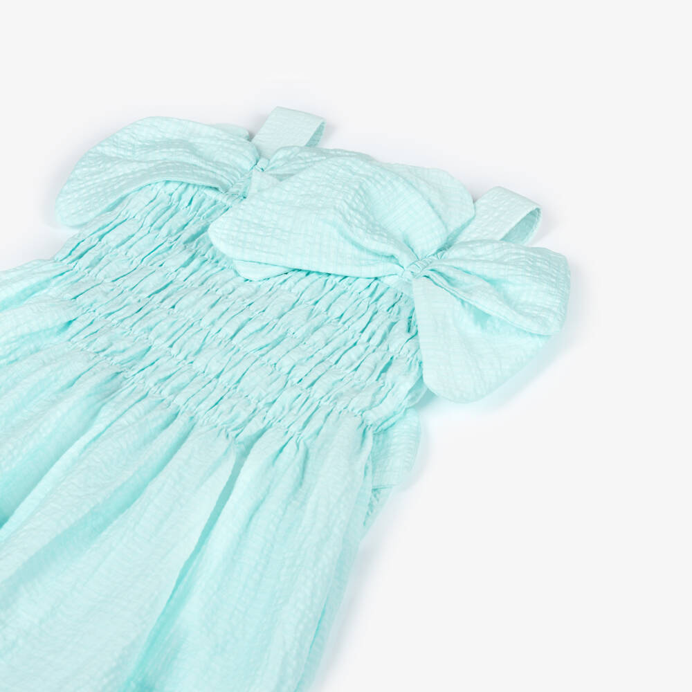 RaspberryPlum-Girls Aqua Blue Seersucker Dress with Bows | Childrensalon