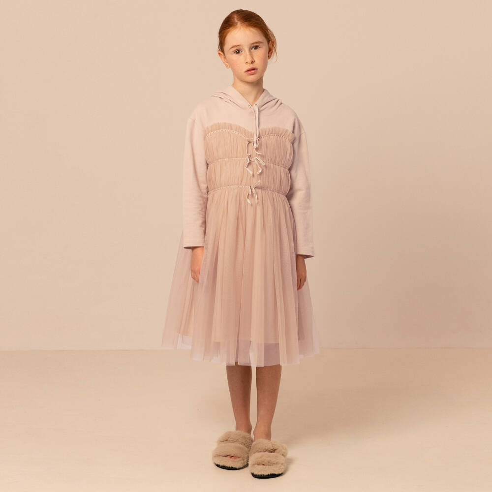 RaspberryPlum-Girls Beige Cotton Jersey & Tulle Hooded Dress | Childrensalon