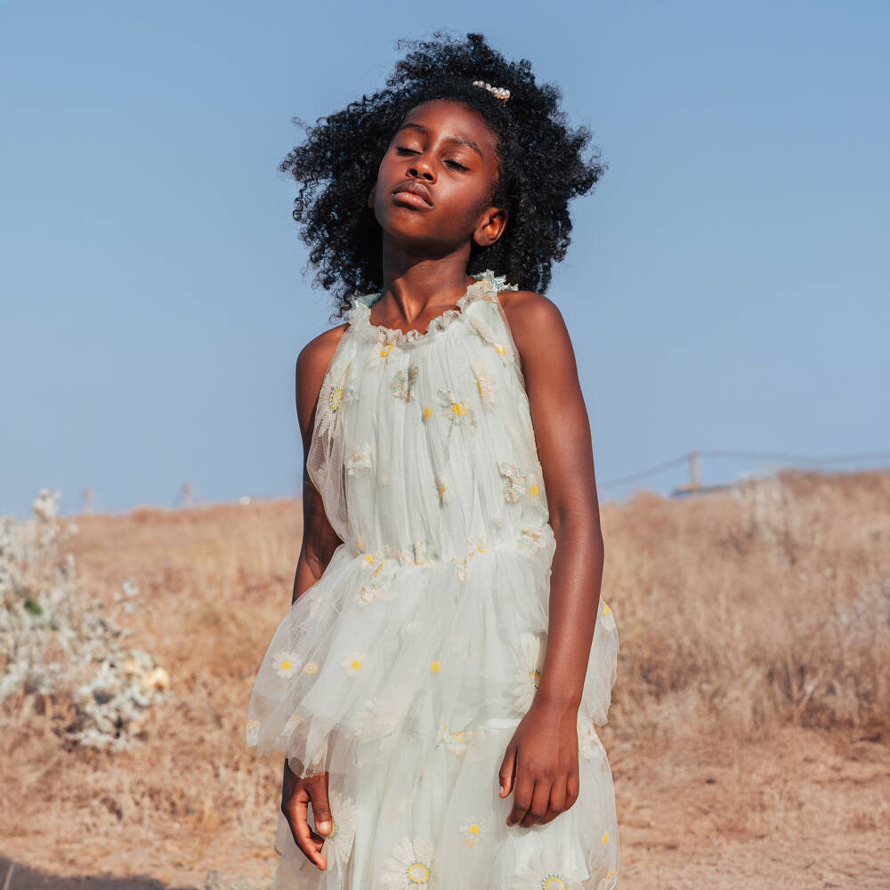 RaspberryPlum-Girls Beige Tulle Dress with Sequinned Daisies | Childrensalon