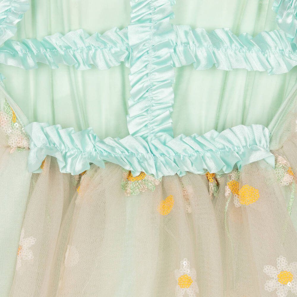 RaspberryPlum-Girls Beige Tulle Dress with Sequinned Daisies | Childrensalon