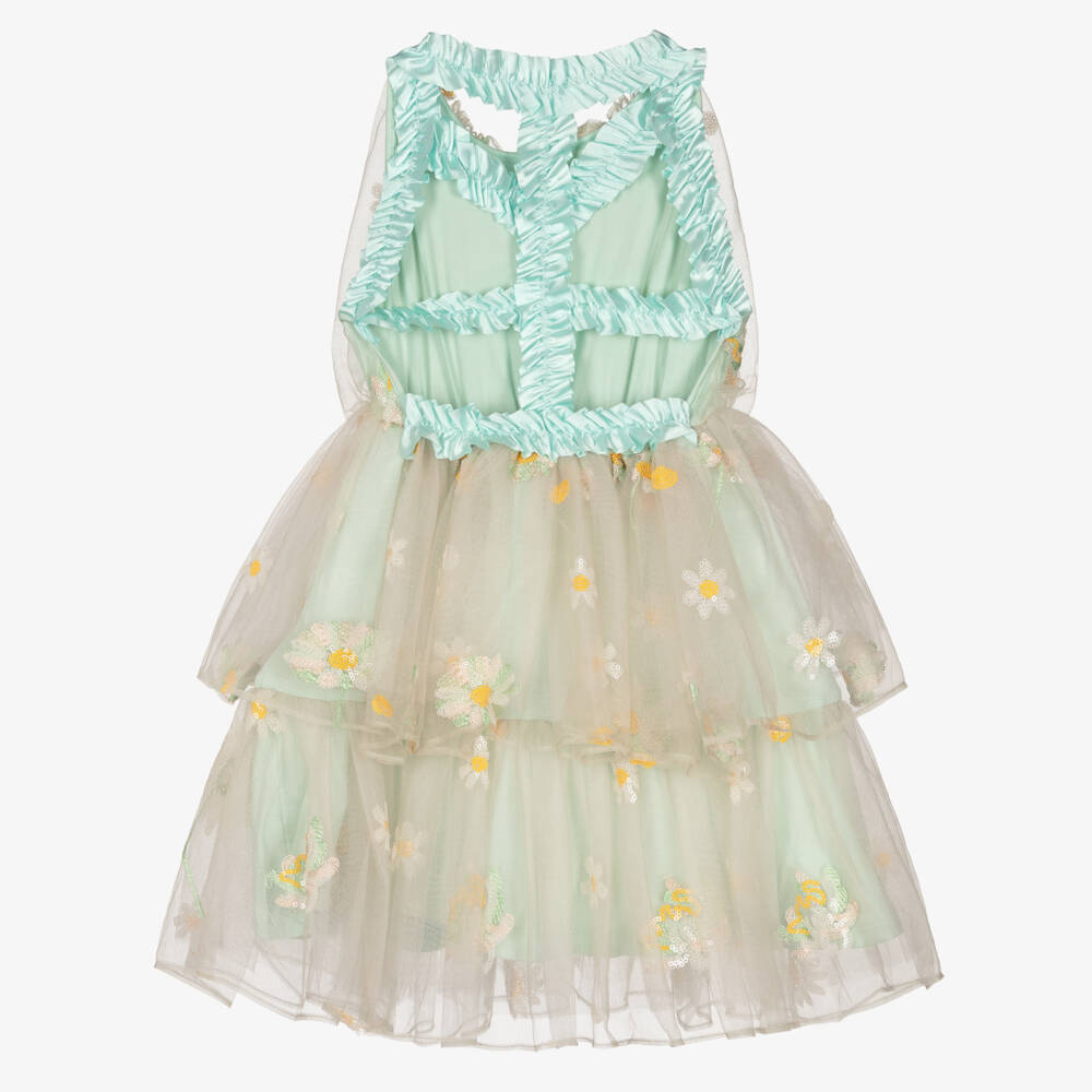 RaspberryPlum-Girls Beige Tulle Dress with Sequinned Daisies | Childrensalon
