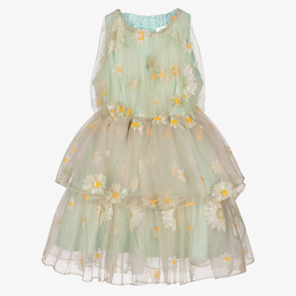 RaspberryPlum-Girls Beige Tulle Dress with Sequinned Daisies | Childrensalon