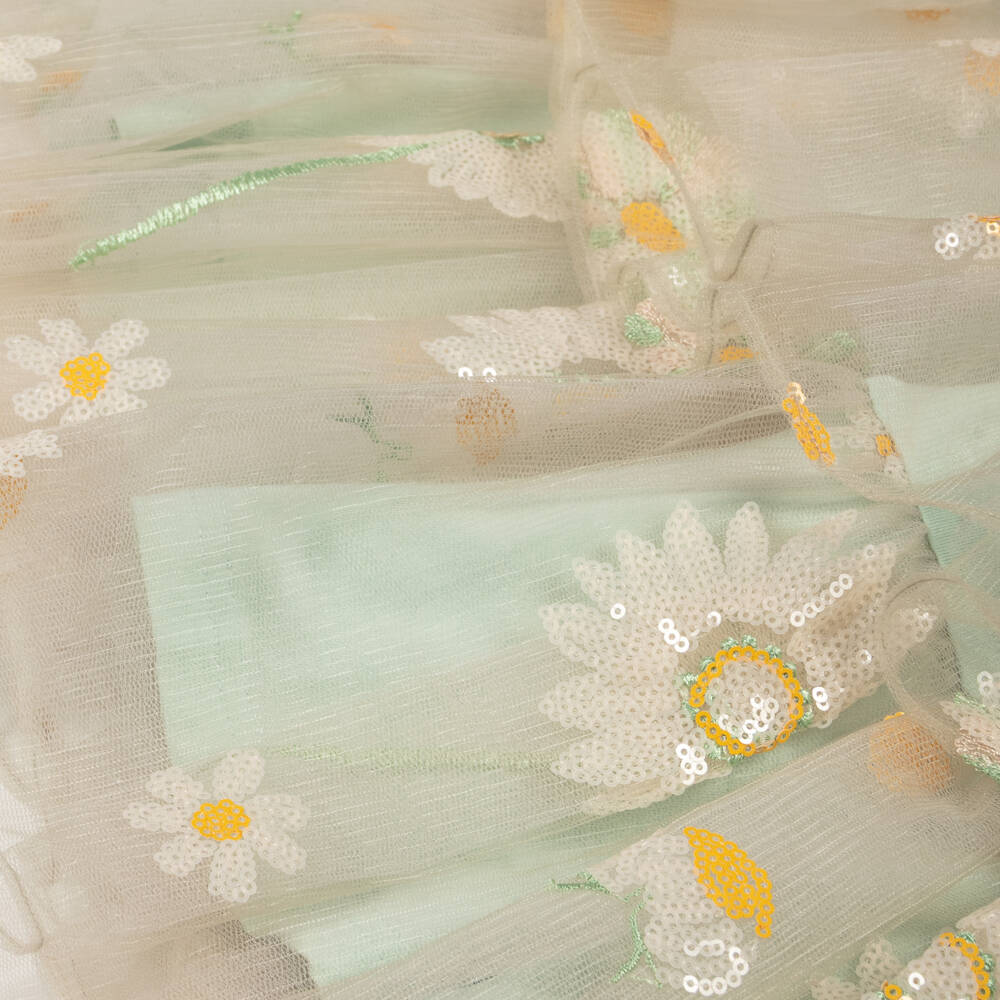 RaspberryPlum-Girls Beige Tulle Dress with Sequinned Daisies | Childrensalon