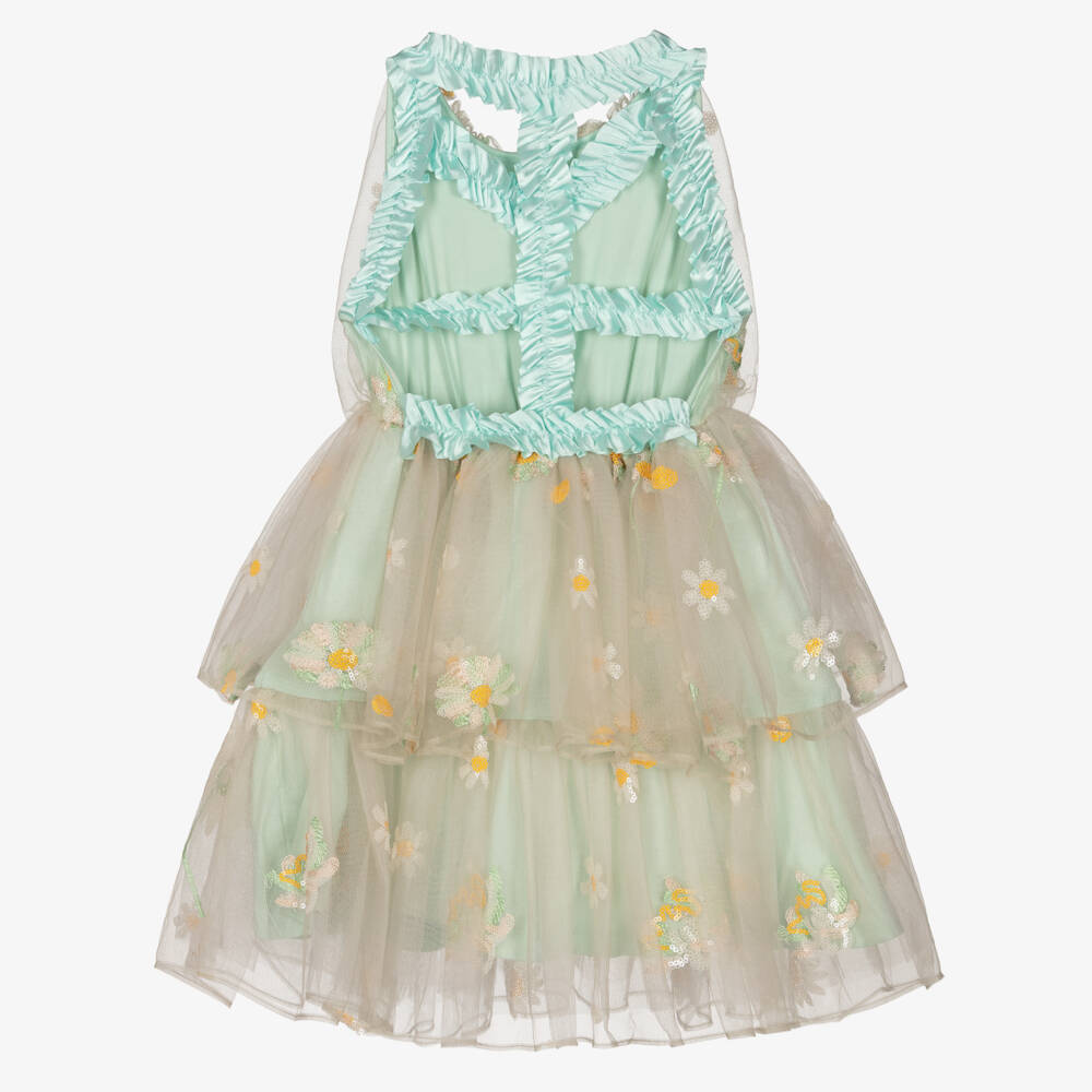 RaspberryPlum-Girls Beige Tulle Dress with Sequinned Daisies | Childrensalon