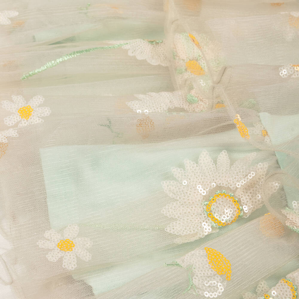 RaspberryPlum-Girls Beige Tulle Dress with Sequinned Daisies | Childrensalon