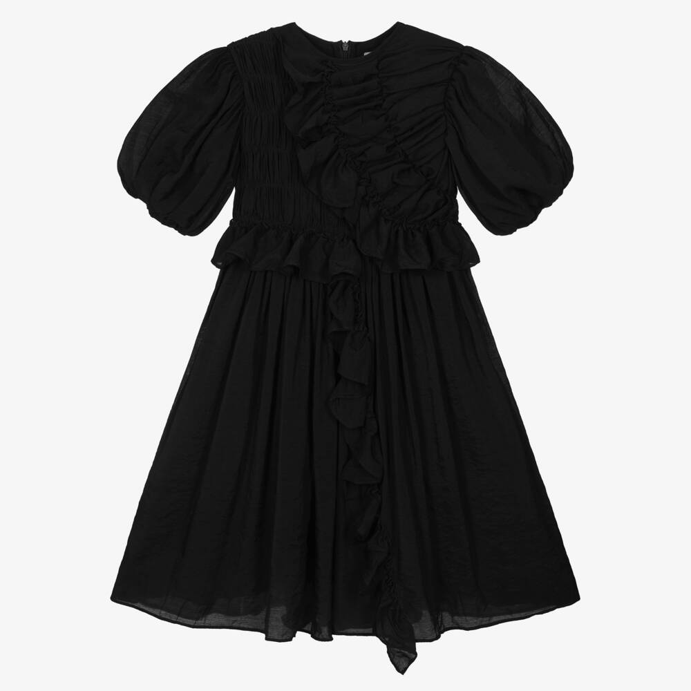 RaspberryPlum-Girls Black Ruched Dress with Ruffle Trim | Childrensalon
