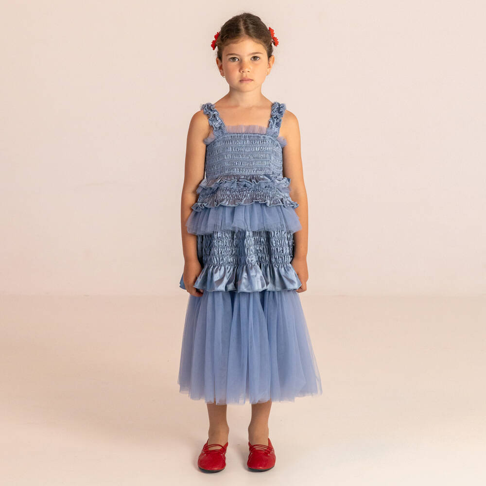 RaspberryPlum-Girls Blue Satin & Tulle Dress with Ruffles | Childrensalon