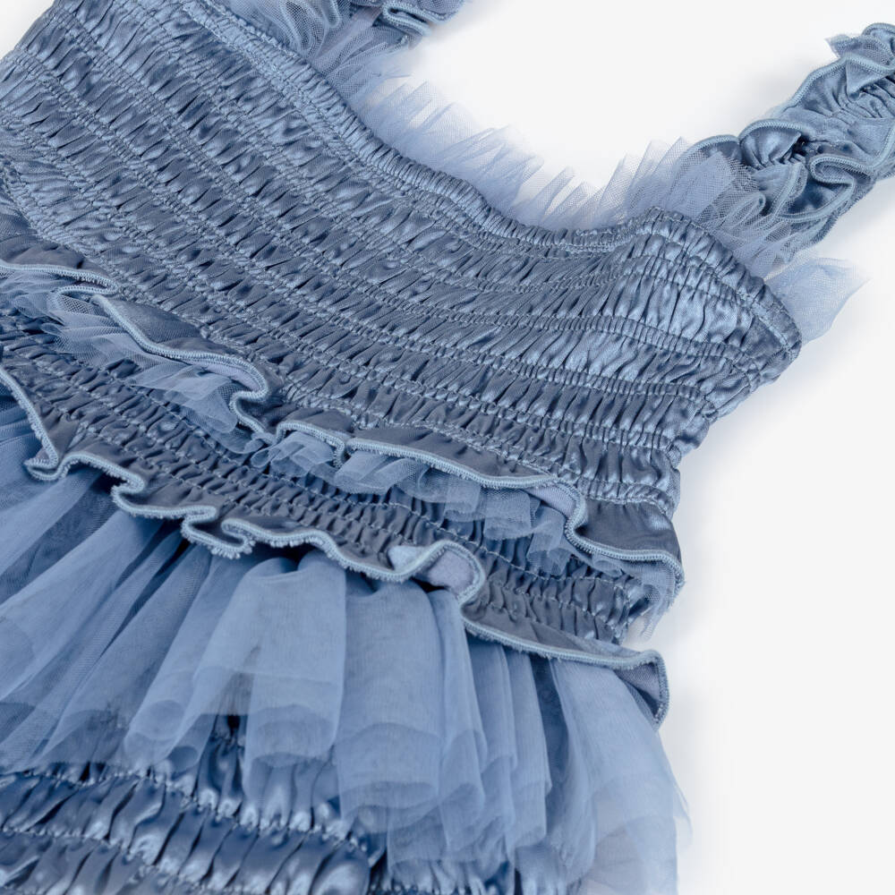 RaspberryPlum-فستان ساتان وتول مزين بكشكش لون أزرق للبنات | Childrensalon