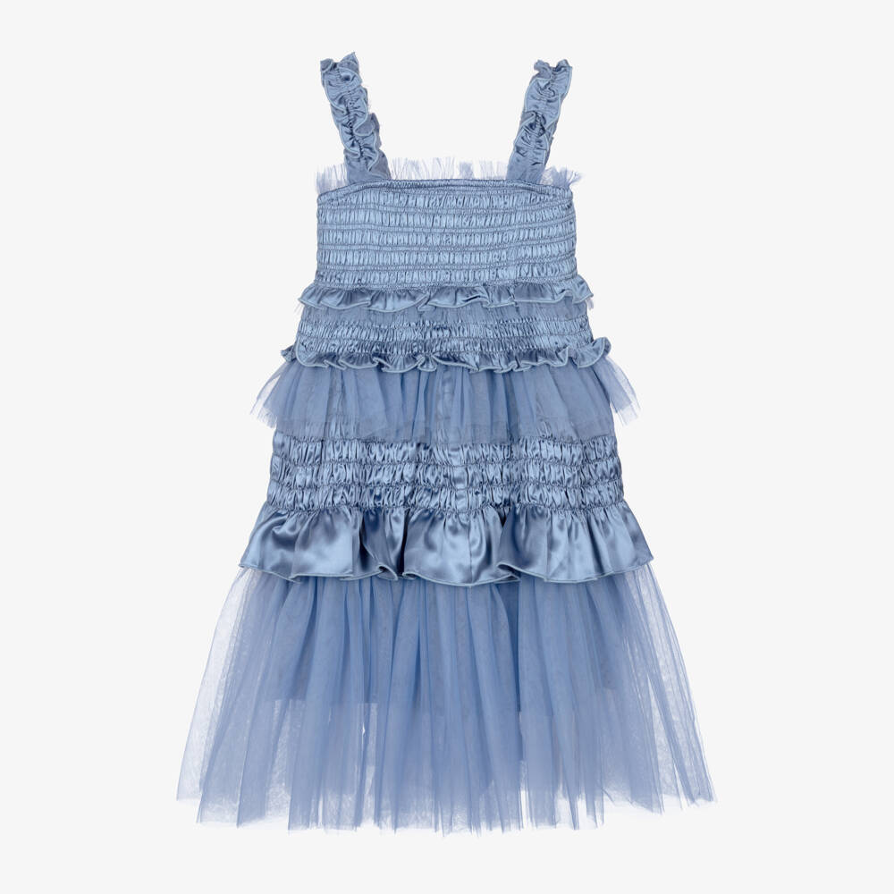 RaspberryPlum-Girls Blue Satin & Tulle Dress with Ruffles | Childrensalon