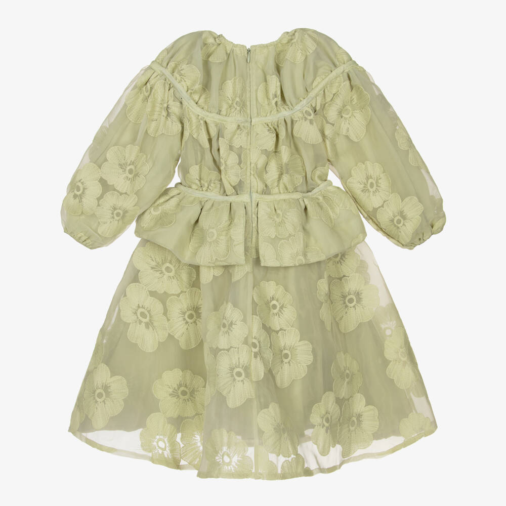RaspberryPlum-Girls Green Organza Dress with Floral Embroidery | Childrensalon