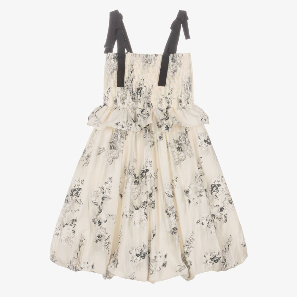 RaspberryPlum-Girls Ivory & Black Floral Print Cotton Dress | Childrensalon