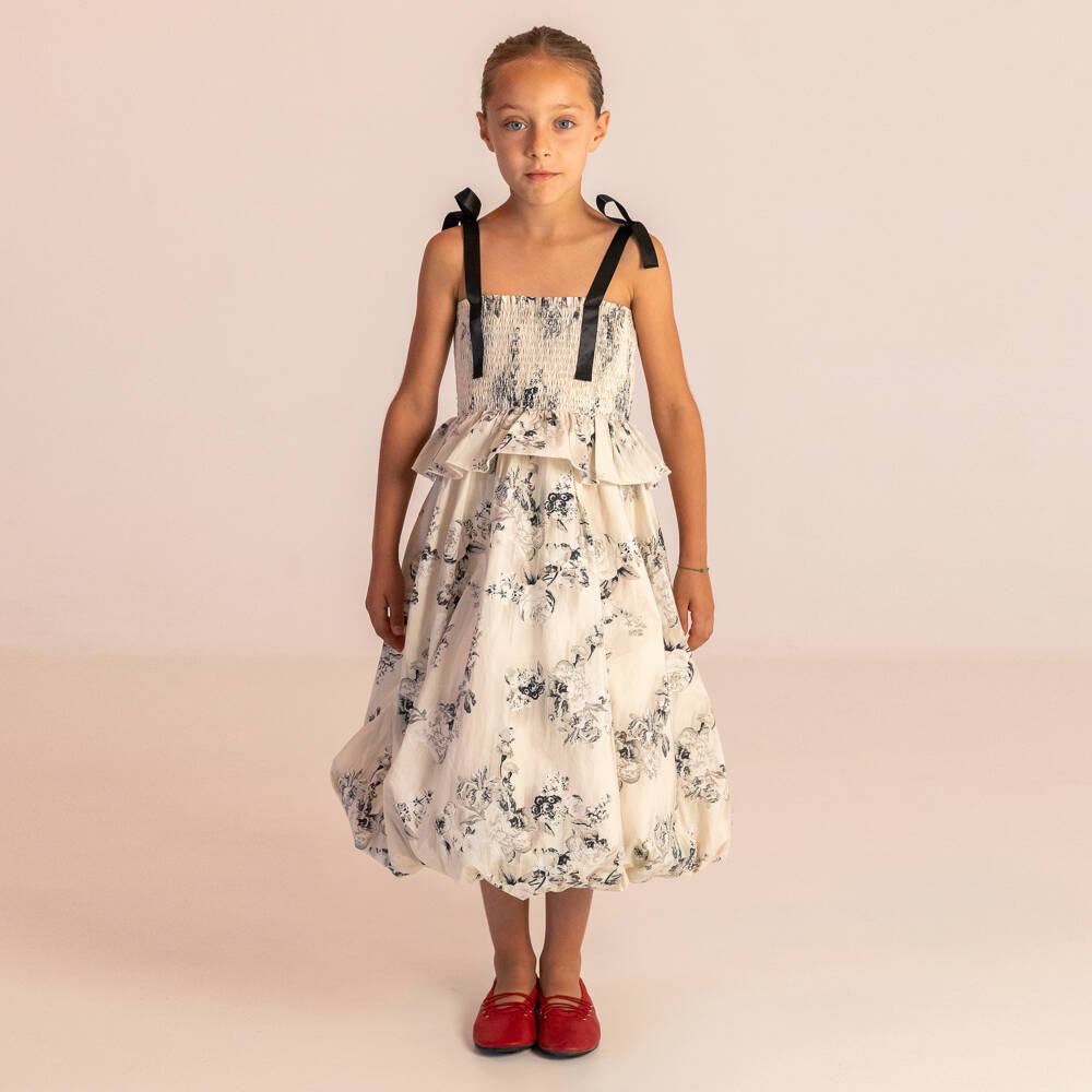 RaspberryPlum-Girls Ivory & Black Floral Print Cotton Dress | Childrensalon