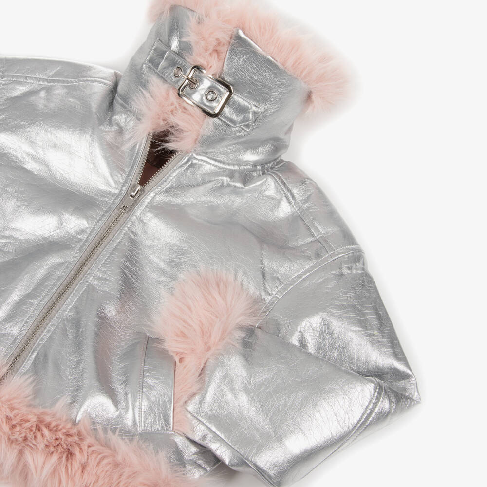 RaspberryPlum-Girls Metallic Silver Faux Leather Aviator Jacket | Childrensalon
