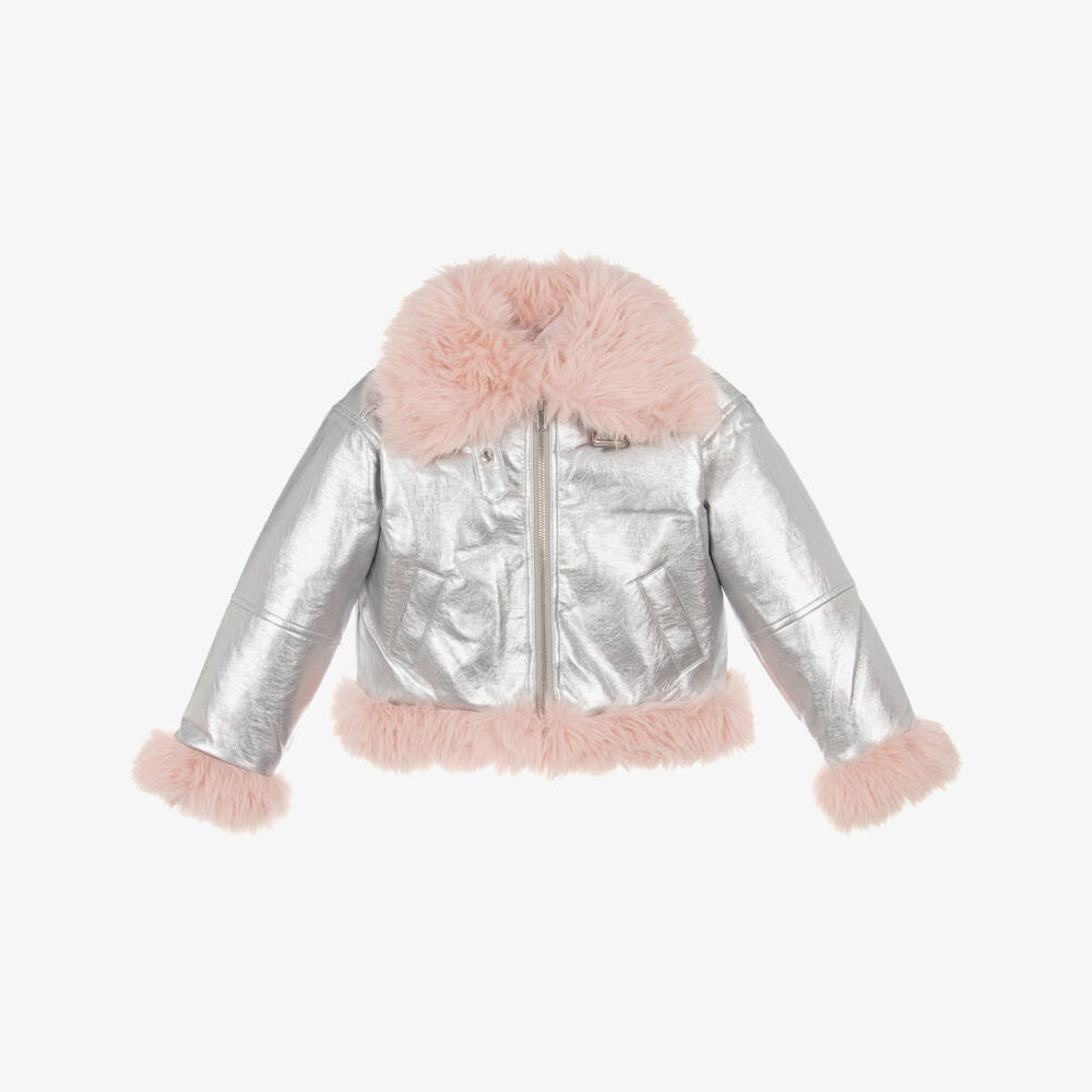 RaspberryPlum-Girls Metallic Silver Faux Leather Aviator Jacket | Childrensalon