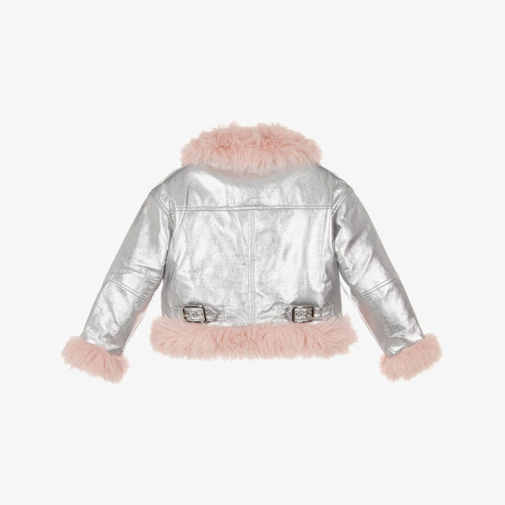 RaspberryPlum-Girls Metallic Silver Faux Leather Aviator Jacket | Childrensalon