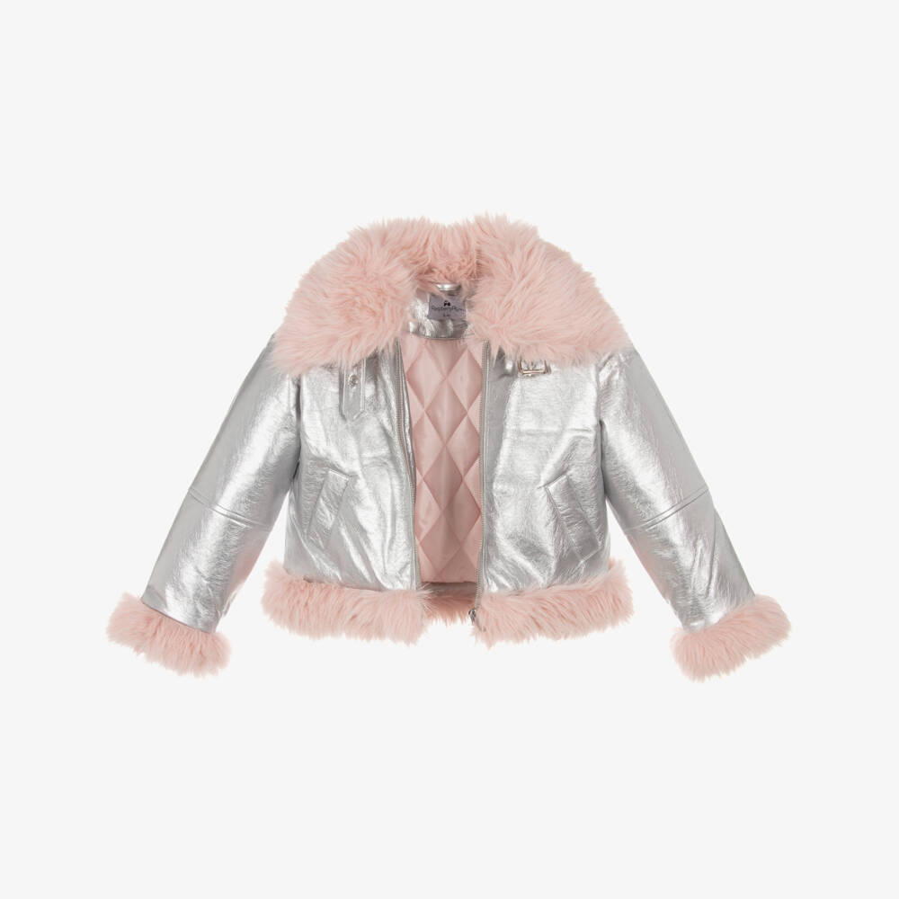 RaspberryPlum-Girls Metallic Silver Faux Leather Aviator Jacket | Childrensalon