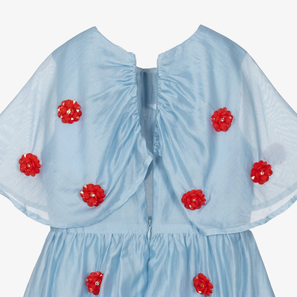 RaspberryPlum-Girls Pale Blue & Red Floral Voile Dress with Cape Collar | Childrensalon