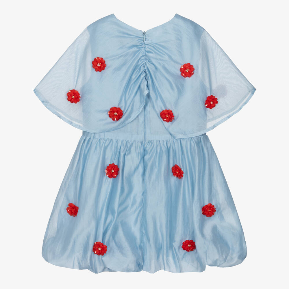 RaspberryPlum-Girls Pale Blue & Red Floral Voile Dress with Cape Collar | Childrensalon