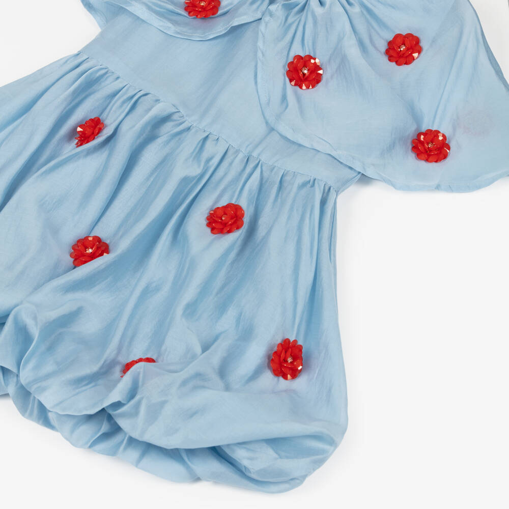 RaspberryPlum-Girls Pale Blue & Red Floral Voile Dress with Cape Collar | Childrensalon
