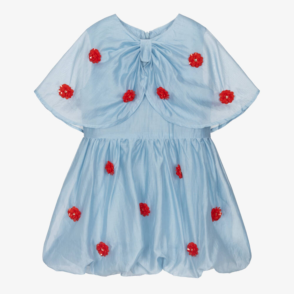 RaspberryPlum-Girls Pale Blue & Red Floral Voile Dress with Cape Collar | Childrensalon