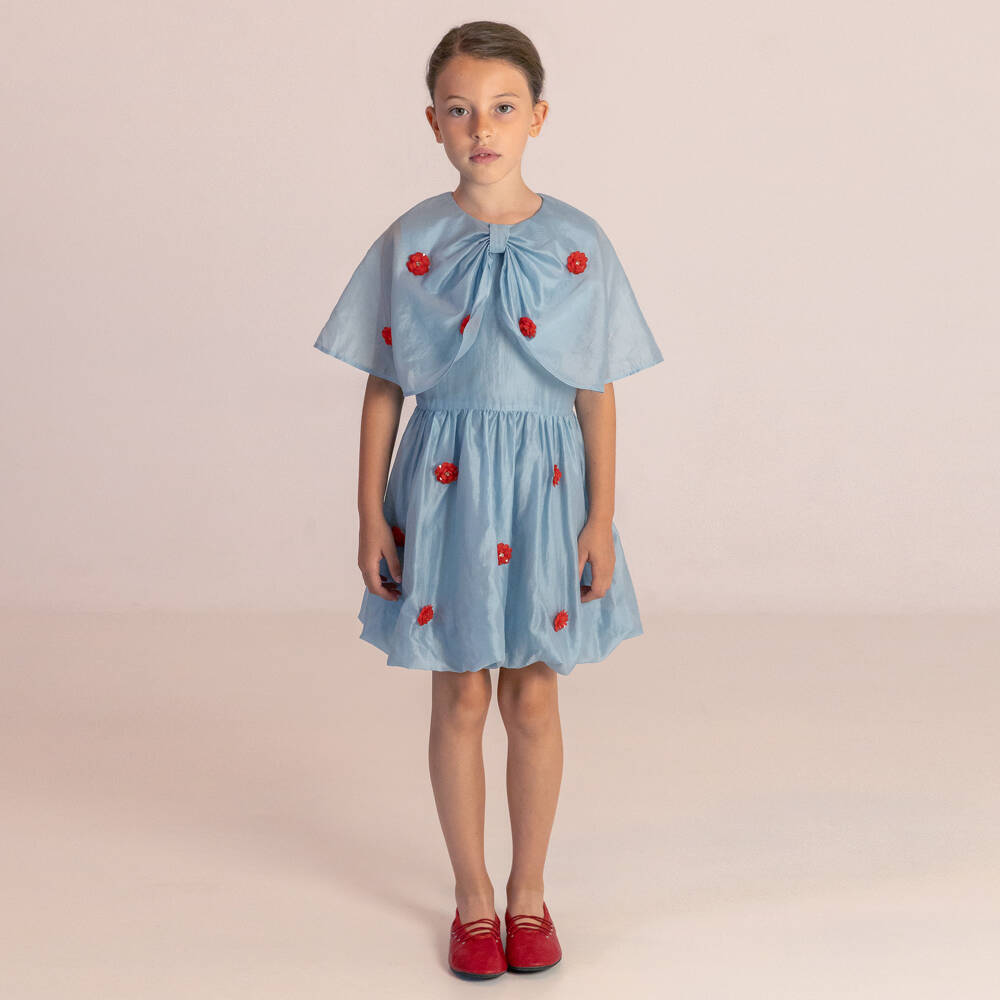 RaspberryPlum-Платье голубое из вуали с красными цветами и воротником-пелериной для девочек | Childrensalon
