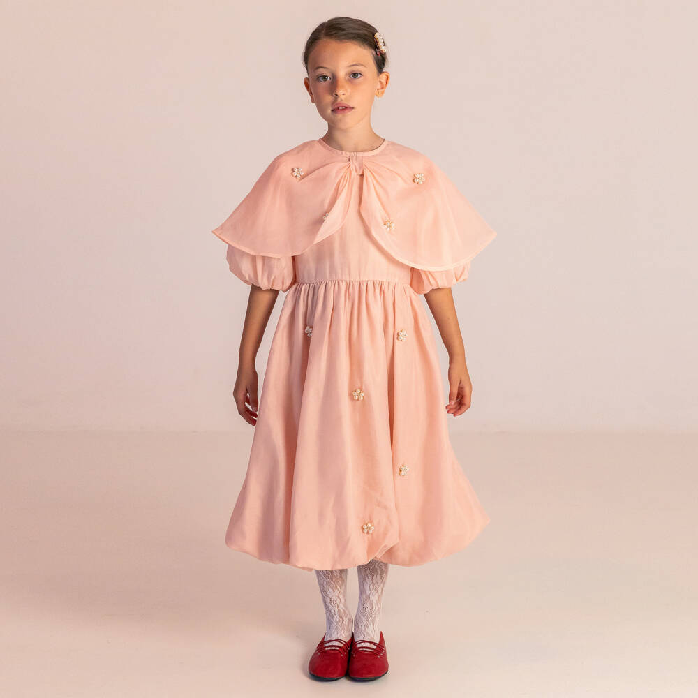 RaspberryPlum-Платье розовое из вуаля с накидным воротником для девочек | Childrensalon